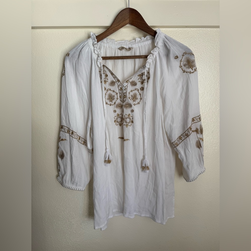Soft Surroundings Embroidered Peasant Blouse White Gold | petite large - Picture 5 of 14